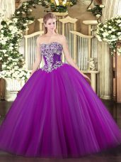 Noble Purple Sleeveless Floor Length Beading Lace Up Quinceanera Gown