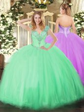 Apple Green Sweet 16 Dresses Military Ball and Sweet 16 and Quinceanera with Beading V-neck Sleeveless Lace Up