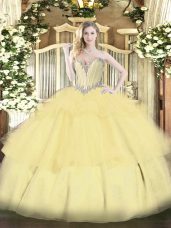 Tulle Sweetheart Sleeveless Lace Up Beading and Ruffled Layers Sweet 16 Dresses in Gold