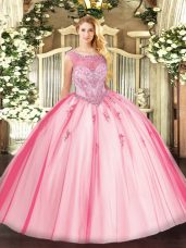 Suitable Pink Zipper Ball Gown Prom Dress Beading and Appliques Sleeveless Floor Length