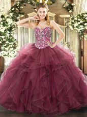 Beading and Ruffles Quinceanera Gowns Burgundy Lace Up Sleeveless Floor Length
