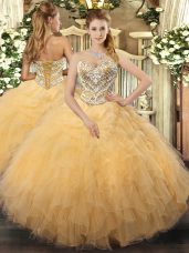 Simple Sweetheart Sleeveless Lace Up Quinceanera Gowns Gold Tulle