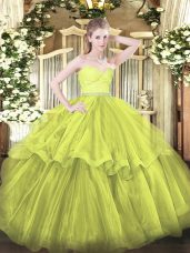Stylish Olive Green Sleeveless Brush Train Beading and Lace and Ruffled Layers Quinceanera Gowns