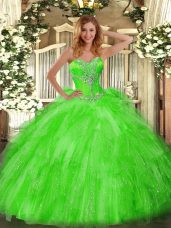 Sleeveless Floor Length Beading and Ruffles Lace Up Vestidos de Quinceanera