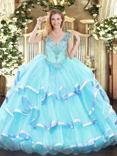 Aqua Blue Sleeveless Organza Lace Up Quinceanera Gown for Military Ball and Sweet 16 and Quinceanera