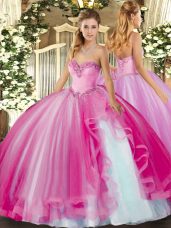 Fabulous Floor Length Lace Up Sweet 16 Dresses Fuchsia for Military Ball and Sweet 16 and Quinceanera with Beading and Ruffles