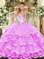 Organza Sweetheart Sleeveless Lace Up Beading and Ruffled Layers 15th Birthday Dress in Lilac