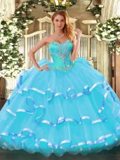 Beauteous Ball Gowns Sleeveless Aqua Blue Ball Gown Prom Dress Lace Up