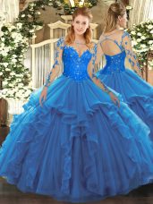 Floor Length Blue Sweet 16 Dresses Scoop Long Sleeves Lace Up