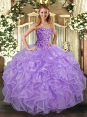 Exceptional Lavender Lace Up Sweet 16 Dresses Beading and Ruffles Sleeveless Asymmetrical