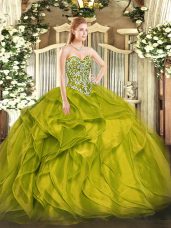 Olive Green Sweetheart Lace Up Beading and Ruffles Sweet 16 Dress Sleeveless