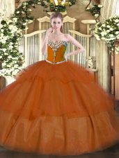 Exquisite Sleeveless Tulle Floor Length Lace Up Quinceanera Gown in Rust Red with Beading and Ruffled Layers