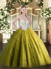 Scoop Sleeveless Zipper 15 Quinceanera Dress Olive Green Tulle