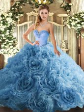 Aqua Blue Ball Gowns Fabric With Rolling Flowers Sweetheart Sleeveless Beading Floor Length Lace Up Quinceanera Dresses