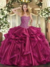 Beautiful Sleeveless Floor Length Beading and Ruffles Lace Up 15 Quinceanera Dress with Wine Red