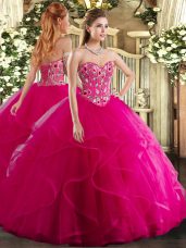 Fancy Fuchsia Sweet 16 Dress Military Ball and Sweet 16 and Quinceanera with Embroidery and Ruffles Sweetheart Sleeveless Lace Up