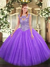 Lavender Lace Up Scoop Beading 15th Birthday Dress Tulle Sleeveless