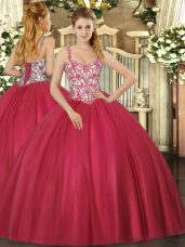 Amazing Coral Red Ball Gowns Tulle Straps Sleeveless Beading and Appliques Floor Length Lace Up Quinceanera Gown