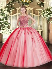 Coral Red Sleeveless Tulle Lace Up 15th Birthday Dress for Military Ball and Sweet 16 and Quinceanera