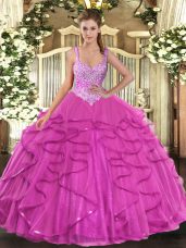 Elegant Fuchsia Tulle Lace Up Straps Sleeveless Floor Length Quinceanera Gowns Beading and Ruffles