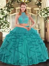 Inexpensive Turquoise Criss Cross Sweet 16 Quinceanera Dress Beading and Ruffled Layers Sleeveless Floor Length