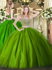 Latest Floor Length Two Pieces Sleeveless Olive Green Sweet 16 Dresses Lace Up