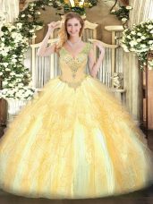Most Popular Gold V-neck Lace Up Beading and Ruffles Ball Gown Prom Dress Sleeveless