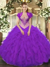 Purple Sleeveless Organza Lace Up Quinceanera Dresses for Military Ball and Sweet 16 and Quinceanera