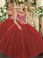 Glorious Cap Sleeves Floor Length Beading and Appliques Lace Up Sweet 16 Dresses with Wine Red