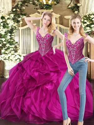 Customized Floor Length Fuchsia Quince Ball Gowns Organza Sleeveless Ruffles