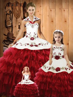 Enchanting Tulle Halter Top Sleeveless Lace Up Embroidery and Ruffles Vestidos de Quinceanera in Wine Red