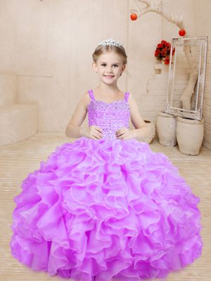 Classical Ball Gowns Pageant Dress for Girls Lilac Straps Organza Sleeveless Floor Length Lace Up