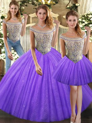 Glamorous Eggplant Purple Bateau Lace Up Beading Sweet 16 Quinceanera Dress Sleeveless