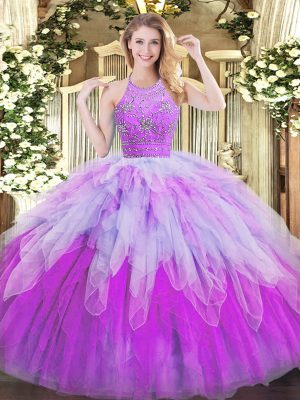 Halter Top Sleeveless Quinceanera Gown Floor Length Beading and Ruffles Multi-color Tulle