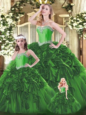 Nice Green Sleeveless Floor Length Beading and Ruffles Lace Up Sweet 16 Dresses