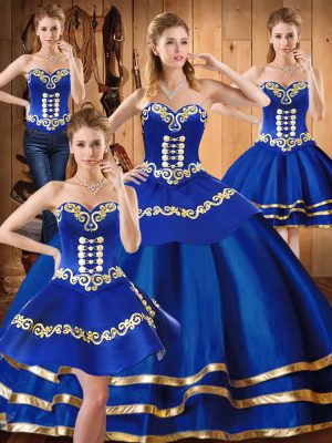 Blue Ball Gowns Embroidery Sweet 16 Dress Lace Up Satin and Tulle Sleeveless Floor Length