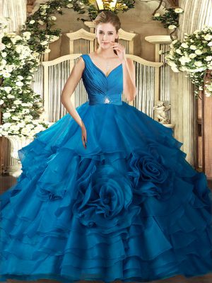 Ball Gowns Quinceanera Dress Blue V-neck Organza Sleeveless Floor Length Backless