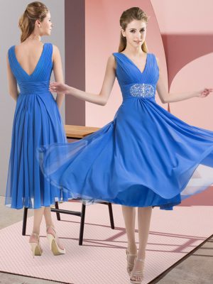 Captivating Knee Length Baby Blue Bridesmaids Dress Chiffon Sleeveless Beading