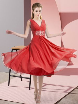 V-neck Sleeveless Bridesmaid Dresses Knee Length Beading Coral Red Chiffon