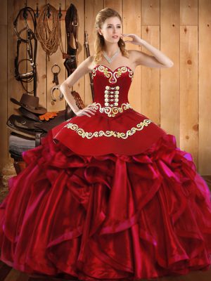 Affordable Wine Red Sweet 16 Dress Military Ball and Sweet 16 and Quinceanera with Embroidery and Ruffles Sweetheart Sleeveless Lace Up