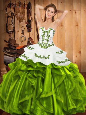 Sleeveless Floor Length Embroidery and Ruffles Lace Up Quinceanera Gown with