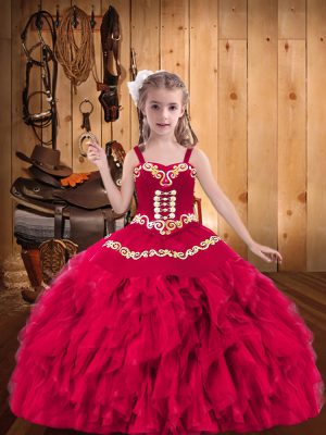 Custom Made Organza Straps Sleeveless Lace Up Embroidery and Ruffles Pageant Gowns For Girls in Coral Red