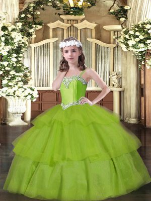 Gorgeous Olive Green Ball Gowns Organza Straps Sleeveless Beading and Ruffled Layers Floor Length Lace Up Little Girl Pageant Dress