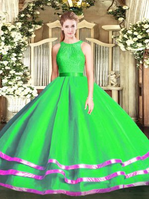 Custom Fit Sleeveless Floor Length Lace Zipper Sweet 16 Dress with Green