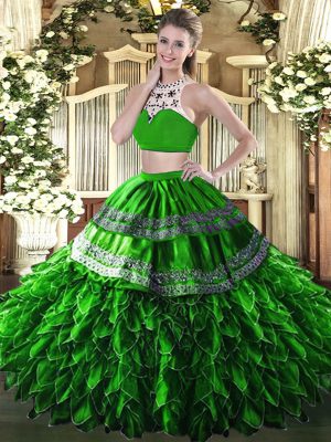 Green Sleeveless Floor Length Beading and Ruffles Backless 15th Birthday Dress
