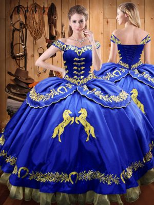 Sleeveless Satin and Organza Floor Length Lace Up 15 Quinceanera Dress in Royal Blue with Beading and Embroidery