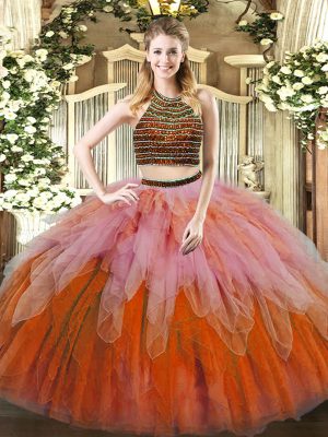 Stunning Multi-color Sleeveless Tulle Lace Up Quinceanera Gown for Military Ball and Sweet 16 and Quinceanera