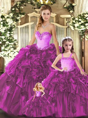 Fuchsia Sweetheart Lace Up Ruffles Vestidos de Quinceanera Sleeveless