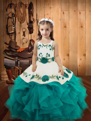 Fancy Teal Lace Up Straps Embroidery and Ruffles Kids Pageant Dress Tulle Sleeveless