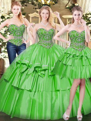 Green Lace Up Sweetheart Beading and Ruffled Layers Sweet 16 Quinceanera Dress Organza Sleeveless